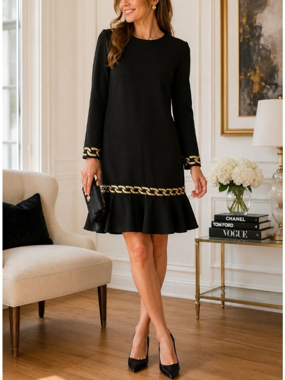 Vintage 80s NWT Richard Warren Gold Chain Trim Dress Designer Cocktail Party